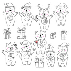 Christmas Bear Clipart Bundle &ndash; Cute Black and White Hand-Drawn Bears with Gifts, Winter Holiday Digital Illustrations