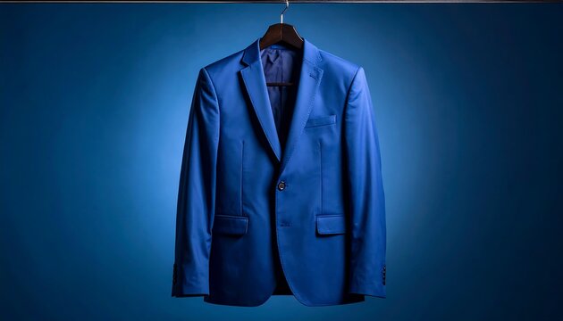 Cobalt blue suit jacket, on hanger, against blue backdrop