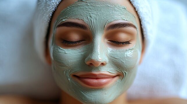Smiling young woman enjoying a facial mask, glowing skin, relaxed vibe, ideal for beauty and wellness promotion.