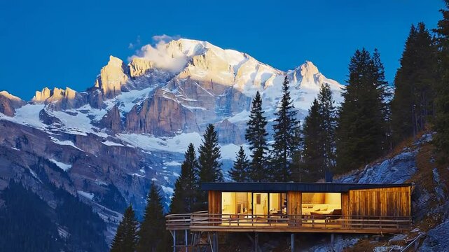 Cozy wooden chalet nestled in the swiss alps at sunset