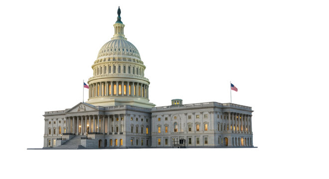 United States Capitol Building at dusk, iconic dome, classical columns, illuminated windows, and a proudly flying American flag, isolated on a transparent background with warm ambient light, slightly