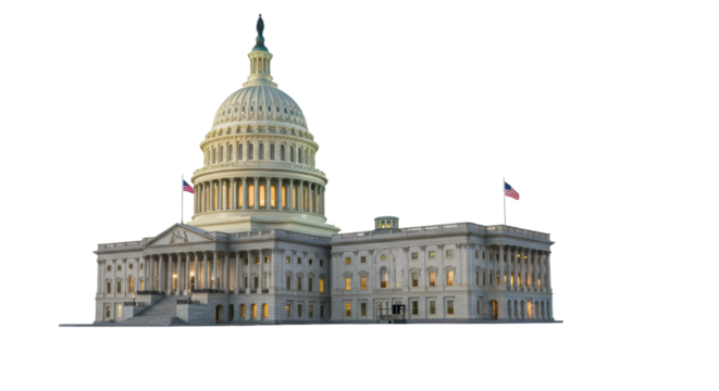 United States Capitol Building at dusk, iconic dome, classical columns, illuminated windows, and a proudly flying American flag, isolated on a transparent background with warm ambient light, slightly
