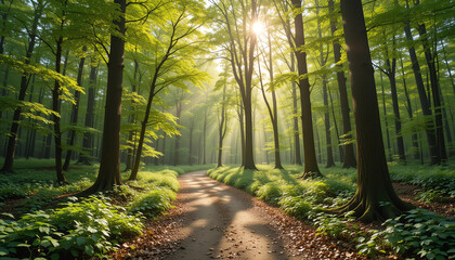 Obraz premium A high-resolution photo of a clean walking trail in a green forest, sunlight filtering through the trees, leaves on the ground, peaceful and natural – DSLR-quality 