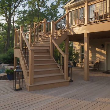 The outdoor decking with stairs is made from trex material.