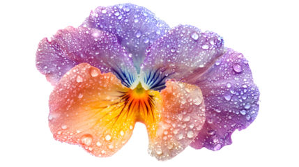 A vibrant pansy flower glistens with water droplets, showcasing its orange, yellow, and purple petals in stunning detail isolated on transparent background