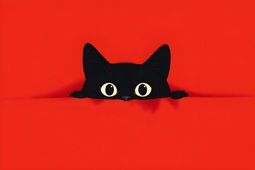 Illustration of a black cartoon cat with round eyes peeking out from under a blanket-like shadow on a bright red surface, ears and eyes appearing full on a blank red background