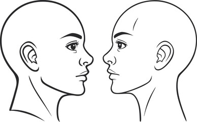 Vector art of two female faces in profile facing each other, a black and white illustration