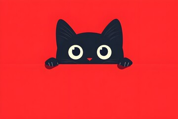 Illustration of a black cartoon cat with round eyes peeking out from under a blanket-like shadow on a bright red surface, ears and eyes appearing full on a blank red background