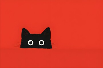 Illustration of a black cartoon cat with round eyes peeking out from under a blanket-like shadow on a bright red surface, ears and eyes appearing full on a blank red background