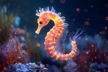 A luminous seahorse floats gracefully in the depths of the ocean among colorful corals