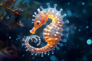 A luminous seahorse floats gracefully in the depths of the ocean among colorful corals