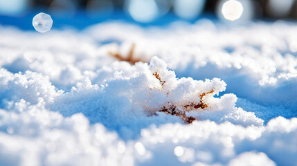 Close up of snow textures showing pristine white flakes with seasonal reflections 