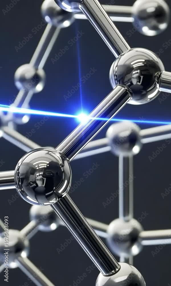 Poster metallic molecule structure with blue light flow through atom connection, shiny abstract science tec