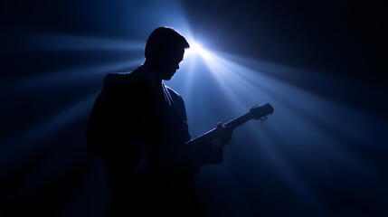 Echoes of Melody: A lone musician, cloaked in shadow, pours his soul into his guitar, bathed in the ethereal glow of a spotlight. The scene resonates with passion.