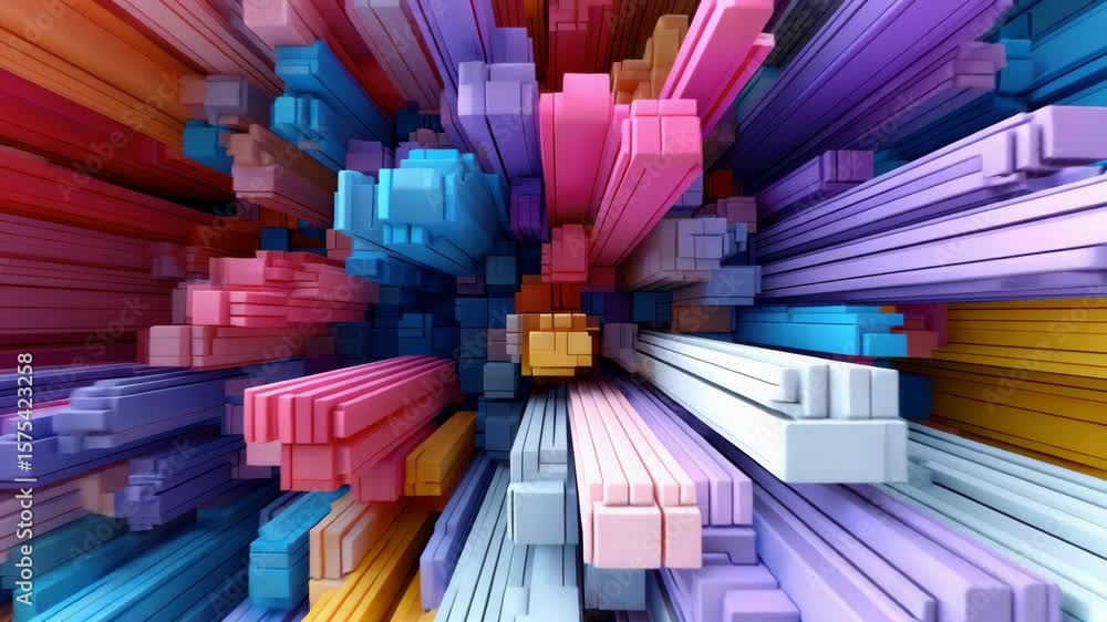 Poster colorful abstract geometric 3d rectangular blocks vibrant dynamic digital art with energetic modern 