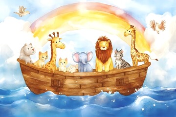 Watercolor painting of noah's ark with lion, giraffe, elephant, zebra, dove, goat and cat, with rainbow behind the boat, clouds and sunlight in the sky, blue water