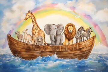 Watercolor painting of noah's ark with lion, giraffe, elephant, zebra, dove, goat and cat, with rainbow behind the boat, clouds and sunlight in the sky, blue water