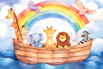 Watercolor painting of noah's ark with lion, giraffe, elephant, zebra, dove, goat and cat, with rainbow behind the boat, clouds and sunlight in the sky, blue water