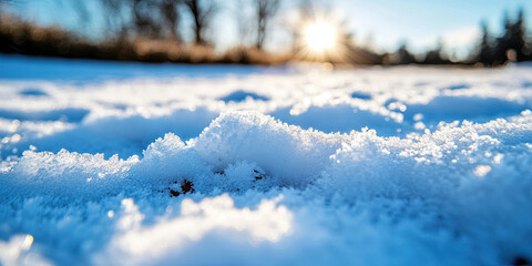 Close up of snow-covered ground with frozen details and white background 