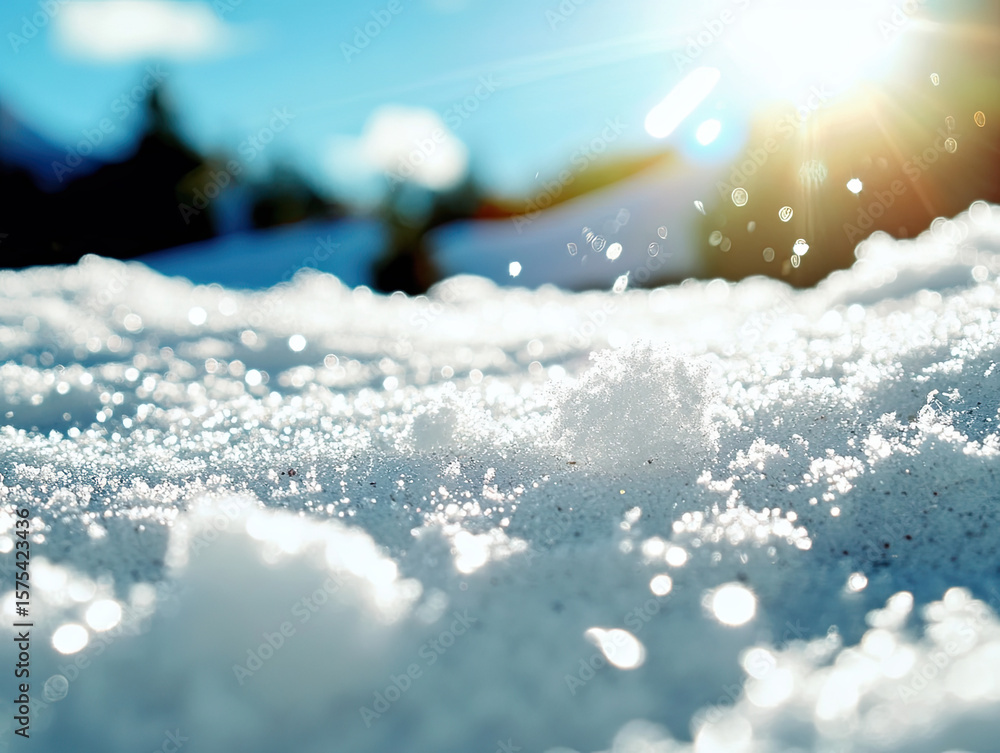 Aufkleber close up of snow-covered surface with subtle light glare creating sparkling effects