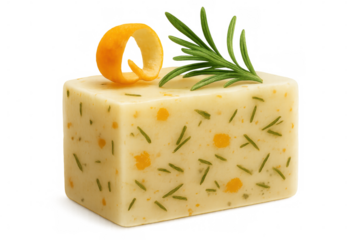 Creamy white soap bar with rosemary and orange peel on a transparent background, promoting natural body care and aromatherapy