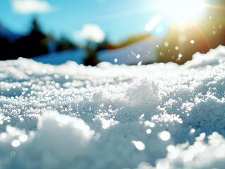 Close up of snow-covered surface with subtle light glare creating sparkling effects 