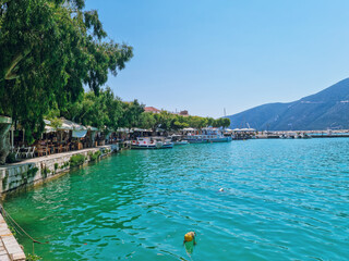 Turqouise blue water at the port of Vasiliki in Lefkada Island, Greece