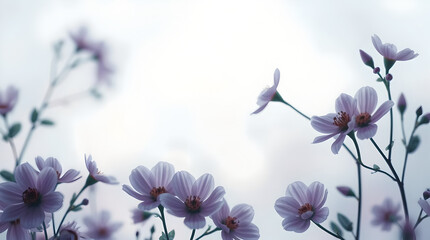 Delicate Purple Flowers Blooming on Soft Blurry Sky Background