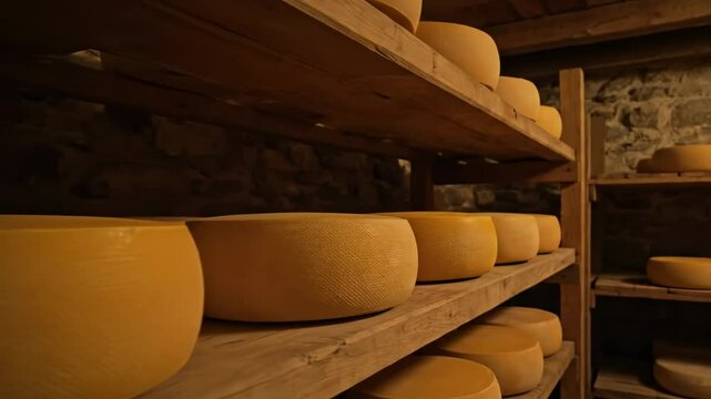 Cheese wheels on wooden shelves in a stonewalled cellar softly lit