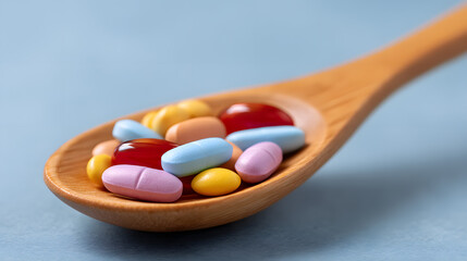 Vibrant Capsules in a Wooden Spoon: A close-up shot presents an array of colorful pills delicately arranged on a wooden spoon, illustrating concepts of healthcare and wellness.