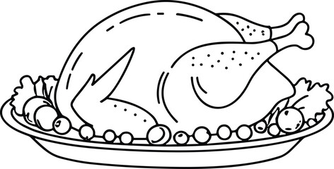 Roast Chicken on Plate Line Art Vector with Garnish