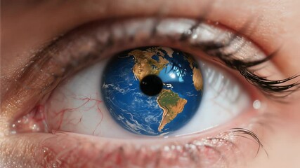 Earth globe in human eye reflecting global awareness and environmental consciousness reflecting our planet's beauty and fragility