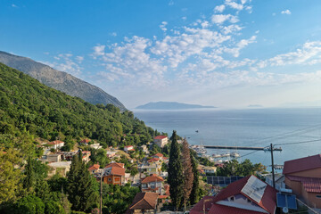 Spectacular panoramic view from uphill to Poros with the Ithaki island on the background, Poros,...