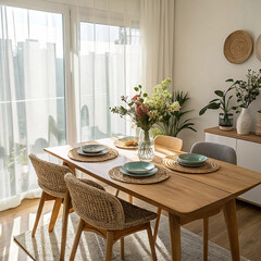 “A bright dining room with Scandinavian furniture styled by Abode, wooden dining table, ceramic plates, woven placemats, sunlight pouring in through sheer curtains, and a vase of fresh flowers — airy,