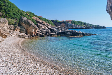 Turqouise waters at Porto Skala Beac - the best beach for snorkeling in Southern Kefalonia near Poros and Skala, Kefalonia island, Greece