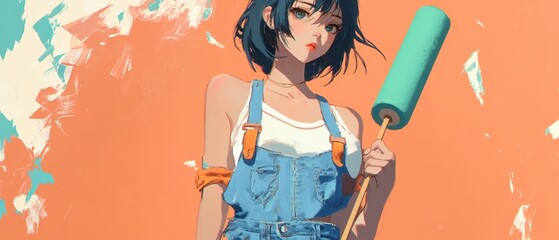 A girl in overalls holds a paint roller.