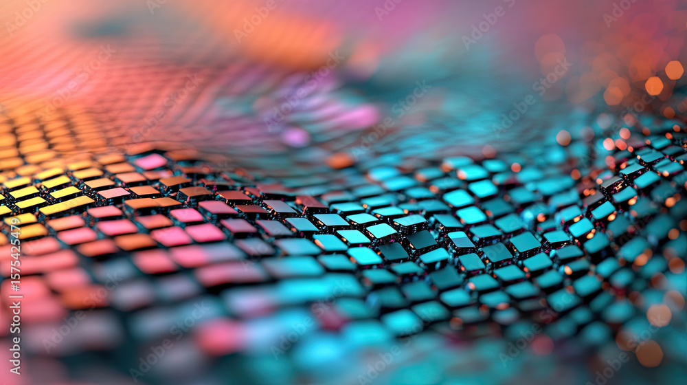 Poster complex holographic grid patterns with shifting colors on a metallic background