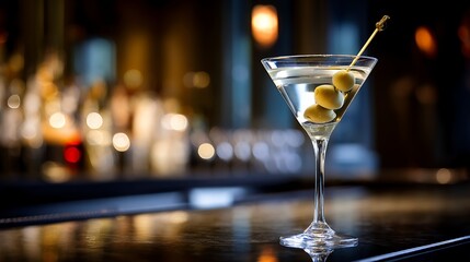 Classic Martini Cocktail with Olives on Bar