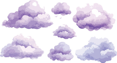 Watercolor Lavender Clouds on White Background Dreamy Sky Illustration Vector Graphic