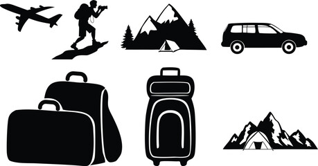 travel and adventure silhouette icon set with airplane, backpack, tent, mountains, luggage, camping, road trip, hiking, minimalist black vector illustration