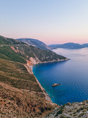 Obraz premium Panorama over Gulf of Myrto(Kolpos Mirtou) at sunset, the best panoramic view in Kefalonia, Kefalonia island, Greece