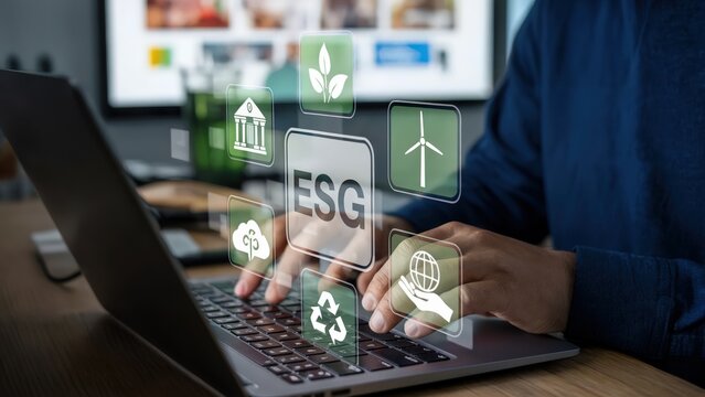 Man working on laptop with ESG icons, environmental social governance concept.