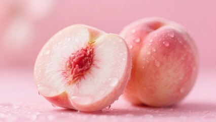 Pink peaches, dotted with water droplets, a combination of whole and cut fruits, presenting a fresh and attractive visual effect.