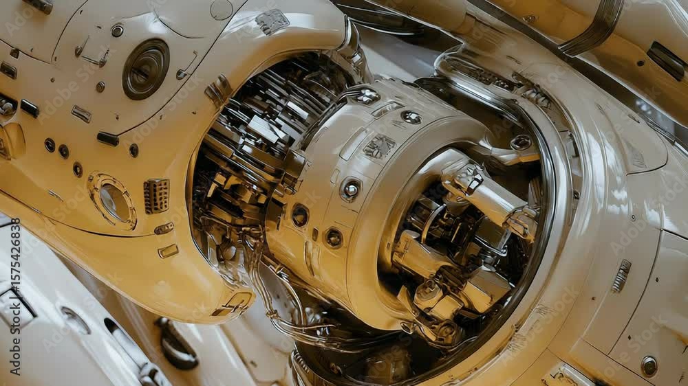 Poster futuristic engine rotating and showing complex internal mechanisms