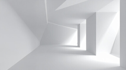 A pristine white abstract interior showcasing geometric shapes, sharp lines, and bright natural light casting shadows. Ideal for modern architecture, minimalism, and clean design concepts.