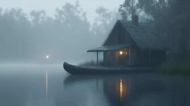 Moody scene of a rustic cabin on a still lake at dusk, light glowing