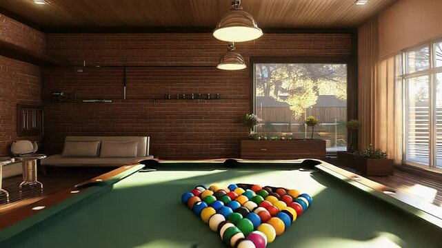 Billiard table illuminating modern lounge room with sunlight