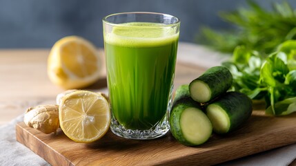 Fototapeta premium Green Juice with Cucumber, Lemon, and Ginger on Wooden Board