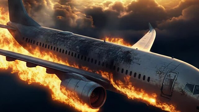 Burning airplane falling from cloudy sky at sunset