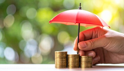 Red umbrella shielding stacks of gold coins, hand placing umbrella, symbolizing financial protection and security, showcasing investment growth and safety